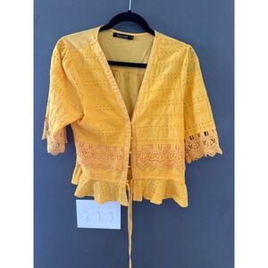 Daniel Yellow Eyelet Cotton Peplum‎ Blouse Crochet Lace M Cottage Coquette